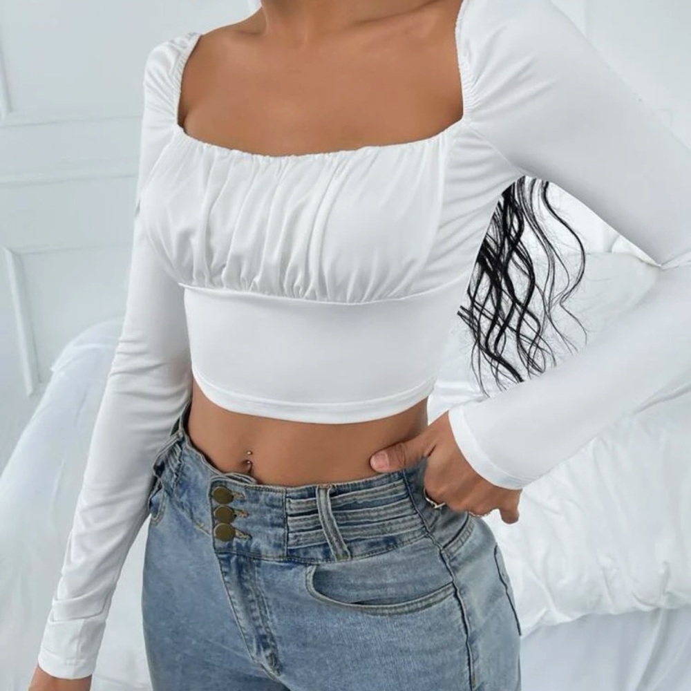 Square neck long sleeve ruched boho crop top black - Picture 5 of 8